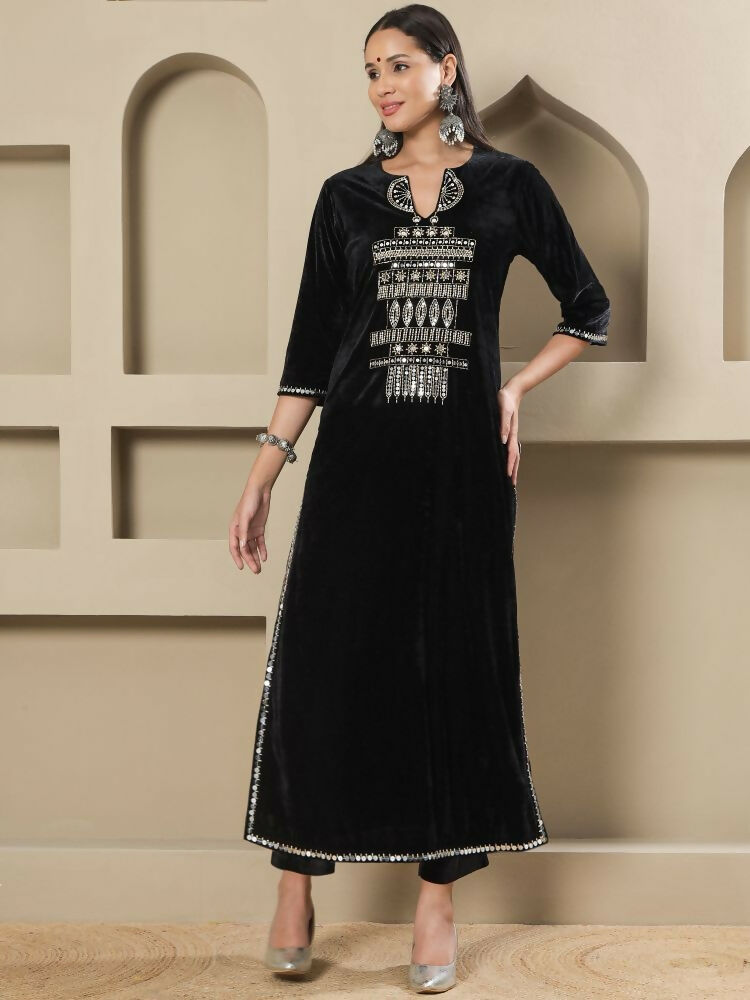 Joban Fashion Women Black Velvet Hand Embellishment Stitched Kurta Set | Grocsy
