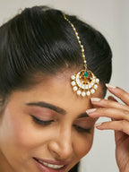 Nuyug 22K Gold-Plated Green Stone & Kundan Studded with Pearl Drop Maang Tikka Head Jewellery | Grocsy