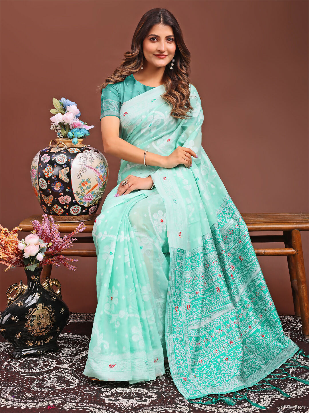 Shree Shyam Fashion Anaya Sea Green Linen Cotton Saree | Grocsy