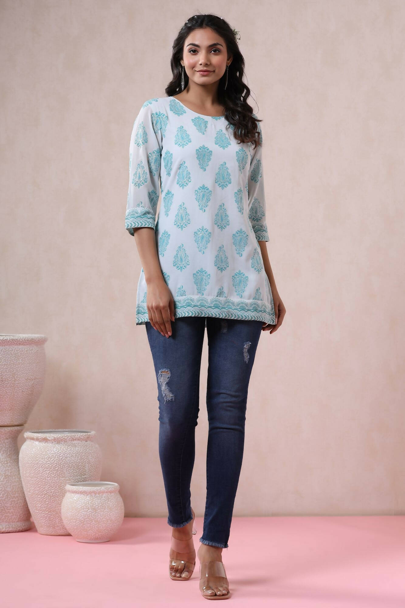 Juniper Women Bluemulti Georgette Printed Straight Tunic | Grocsy