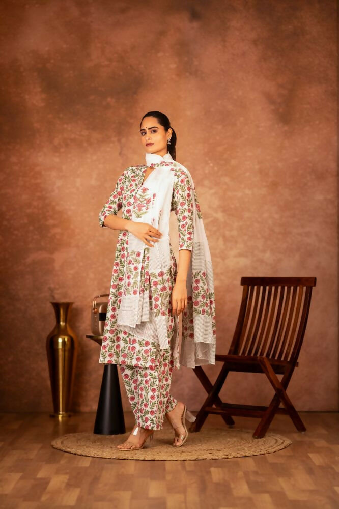 Joban Fashion Red Green Hand Block Printed Cotton Suit Set | Grocsy