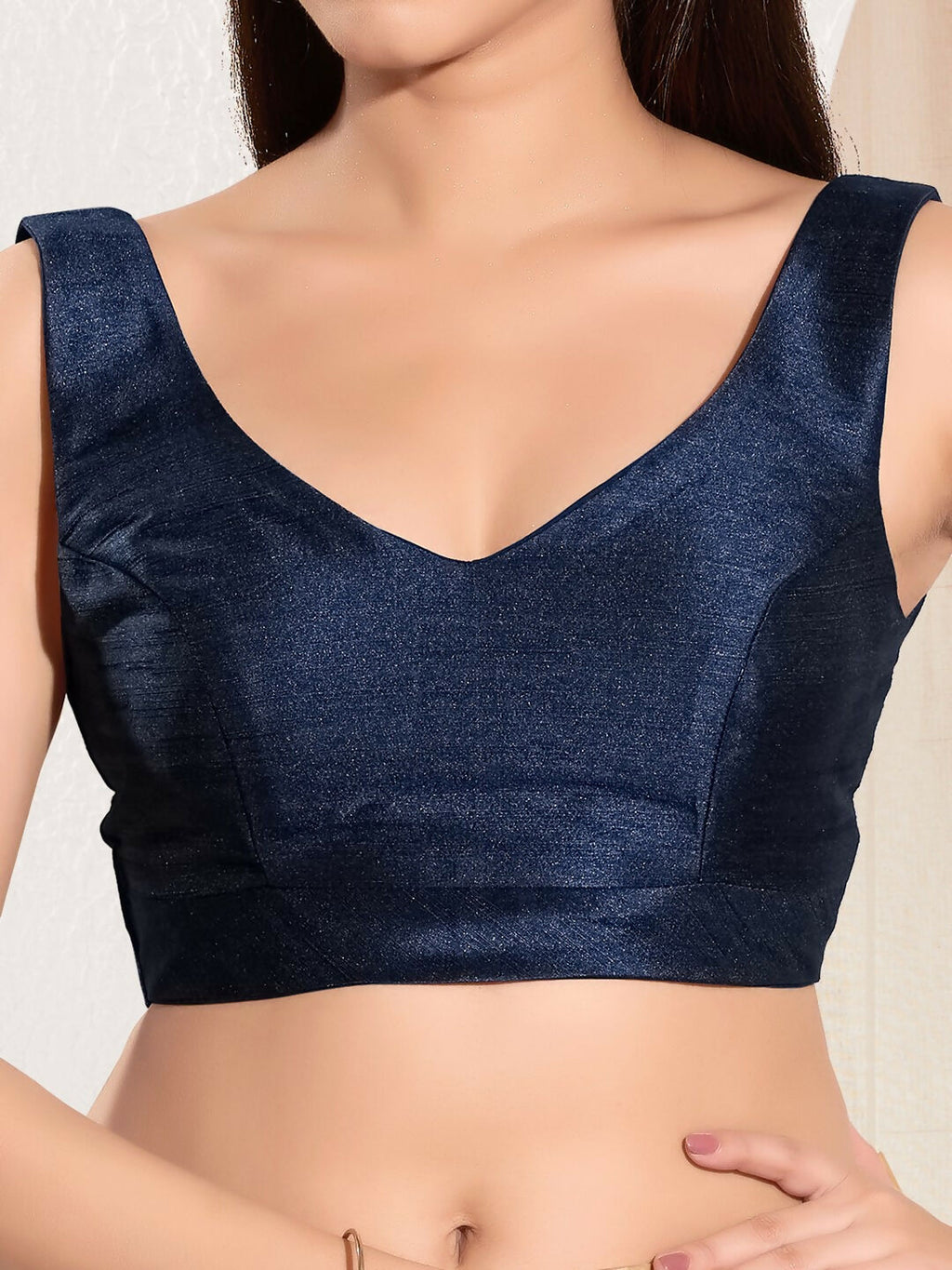 Joban Fashion Navy Blue Mulberry Silk Padded Blouse With Round Neck Sleeveless | Grocsy