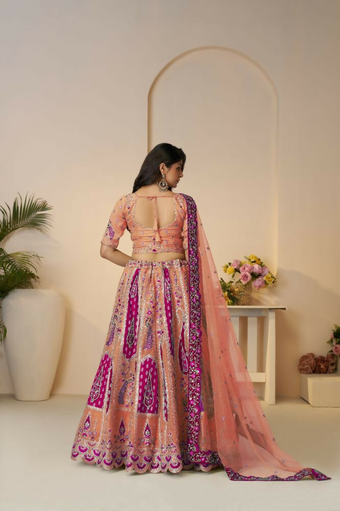 Kesar Fab Orange Banarasi Silk Embroidered Lehenga | Grocsy