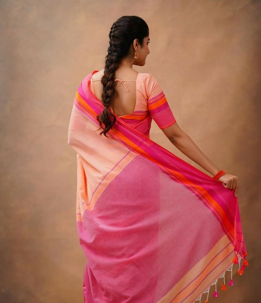 Exclusive Collection Light Orange Beautiful Khadi Cotton Handloom Saree | Grocsy