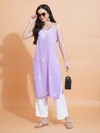 Pahnaz Luxury Rayon Chikankari Sleeveless Long Kurti-Lavender | Grocsy