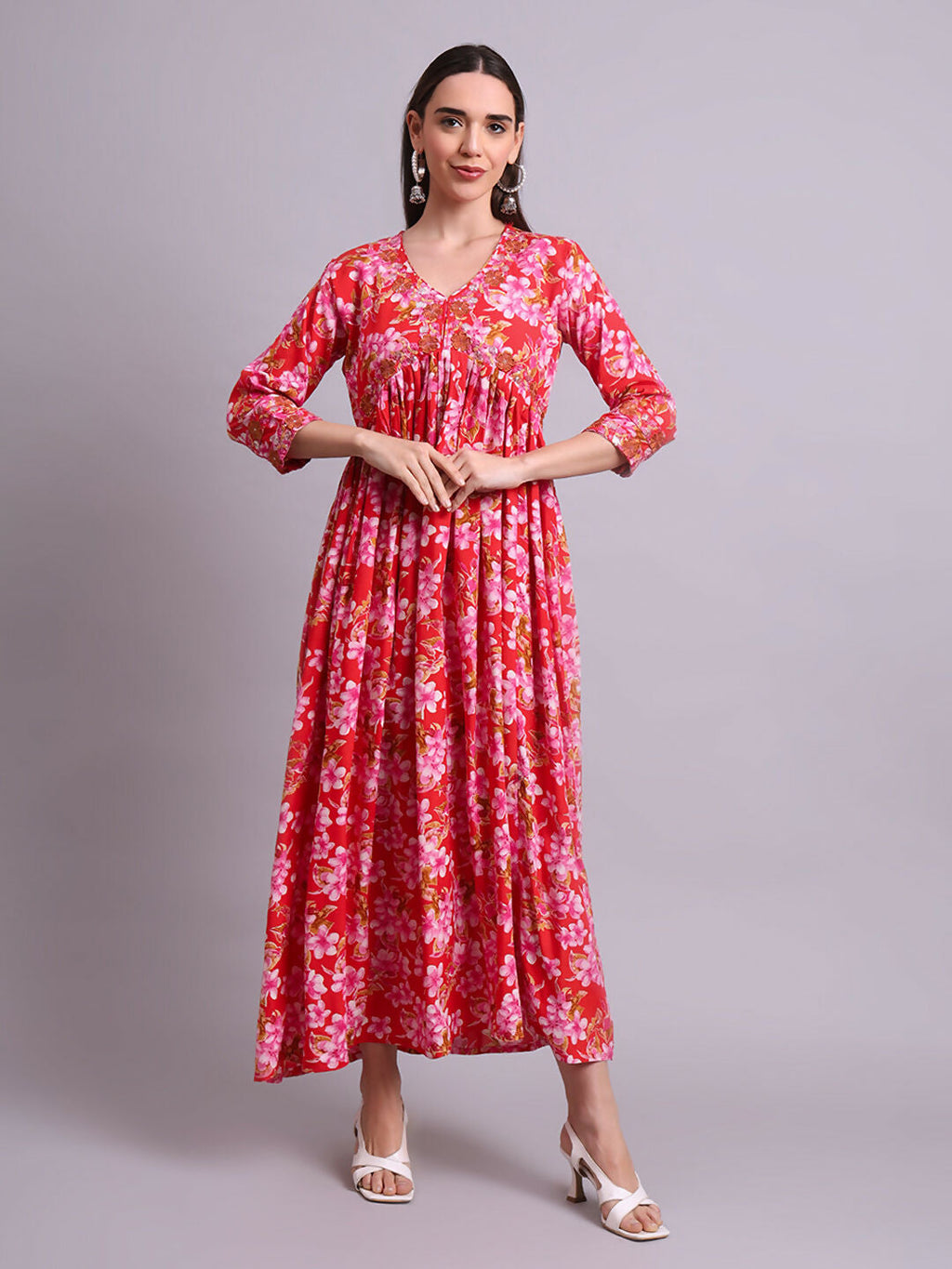 Joban Fashion Red Cotton Floral Printed & Embroidery Work Anarkali Dress With Dupatta Set | Grocsy