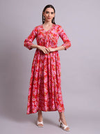 Joban Fashion Red Cotton Floral Printed & Embroidery Work Anarkali Dress With Dupatta Set | Grocsy