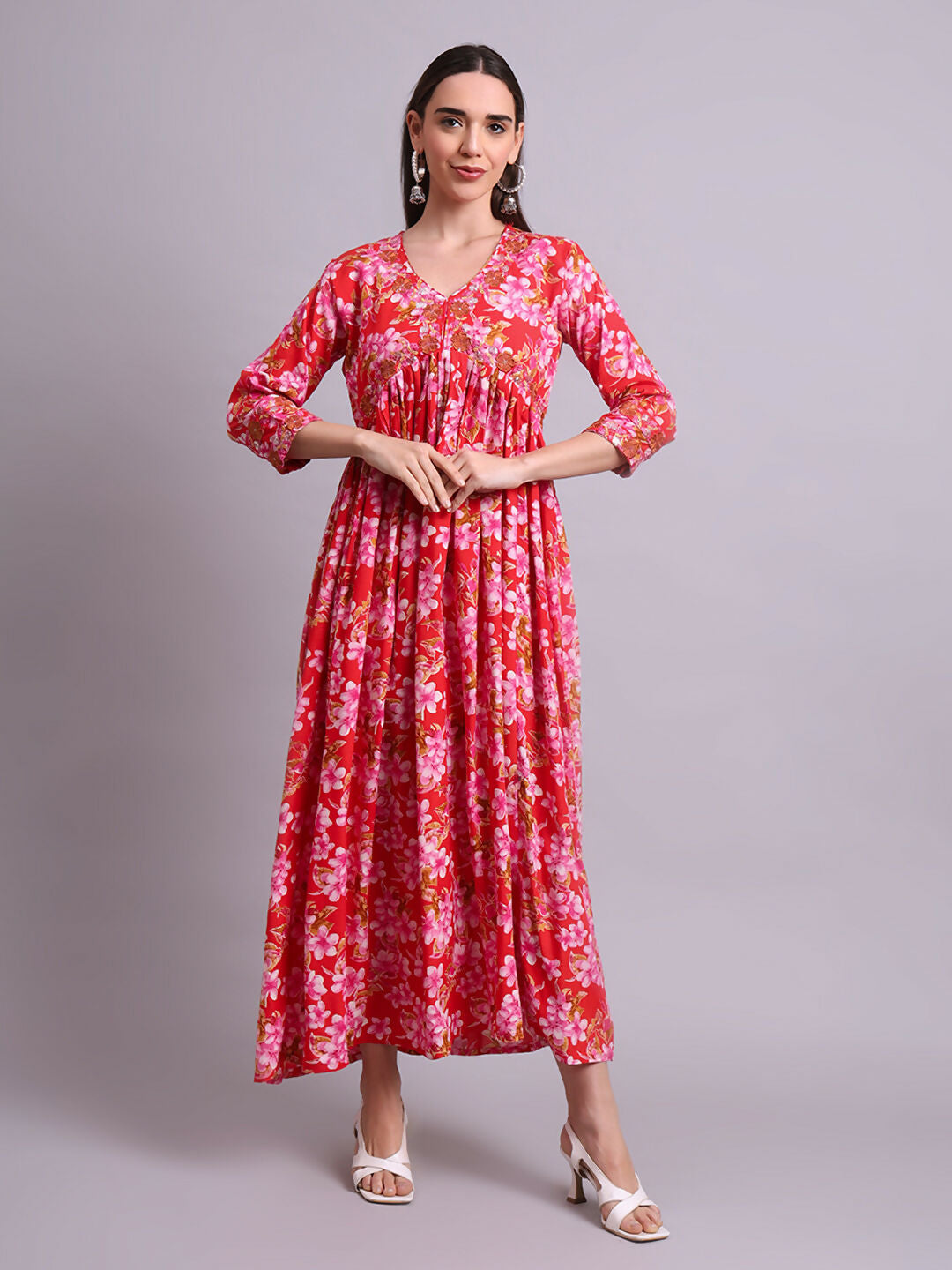 Joban Fashion Red Cotton Floral Printed & Embroidery Work Anarkali Dress With Dupatta Set | Grocsy