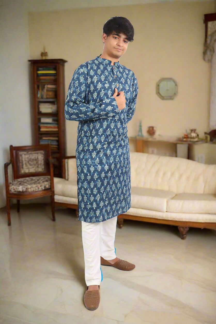 Souchii Men's Ethnic Printed Pure Cotton Kurta – Indigo Leaf Motif | Grocsy