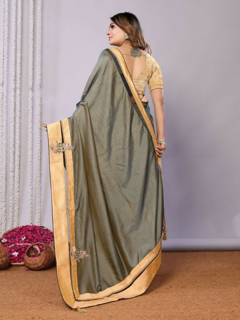 Olive Tusser Silk Resham Cord And Sequins Embroidery Handwork Butta Saree - Norita Saumya | Grocsy