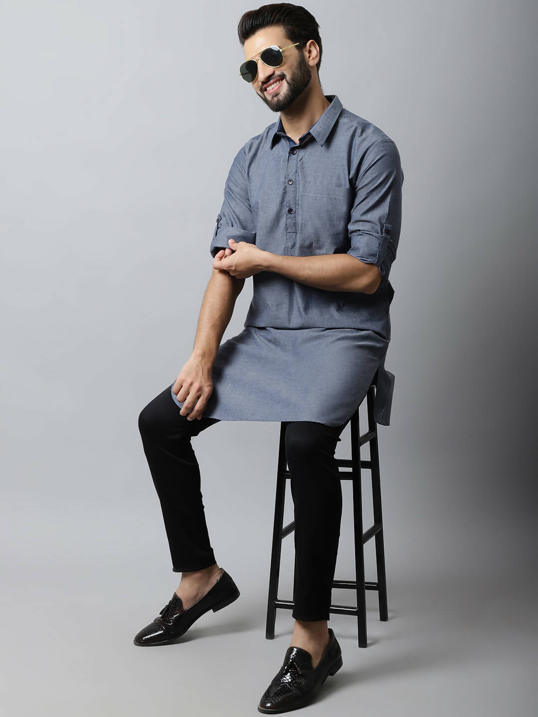 Even Apparels Grey Color Pure Cotton Solid Men's Kurta With Shirt Collar (MMS149) | Grocsy