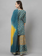 FIORRA Women's Tuquise Pure Cotton Flared Kurta & Sharara With Dupatta | Grocsy