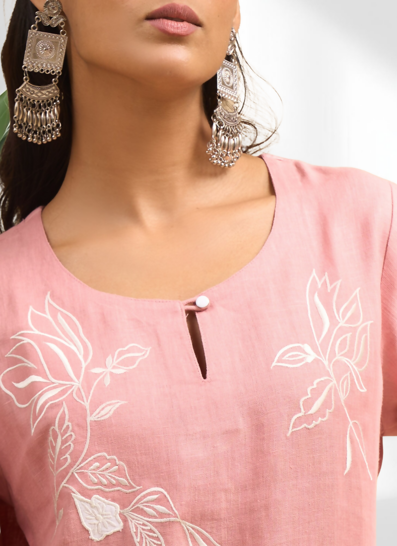 Joban Fashion Pink Linen Embroidered Readymade Cord Set | Grocsy