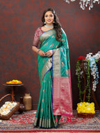 Lorenvalley Fashion Teal Soft Silk Woven Design Zari Weaving Saree | Grocsy