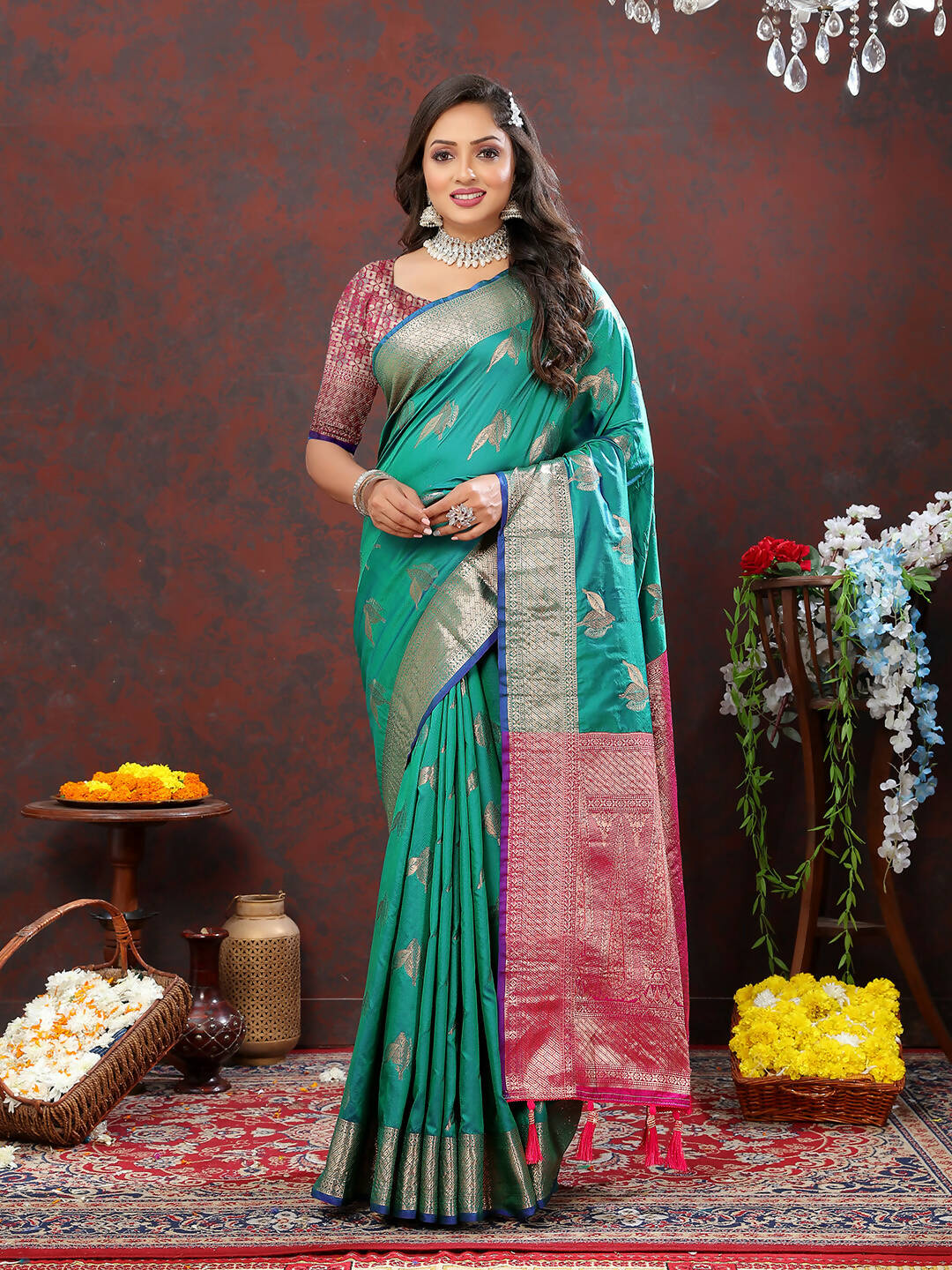 Lorenvalley Fashion Teal Soft Silk Woven Design Zari Weaving Saree | Grocsy
