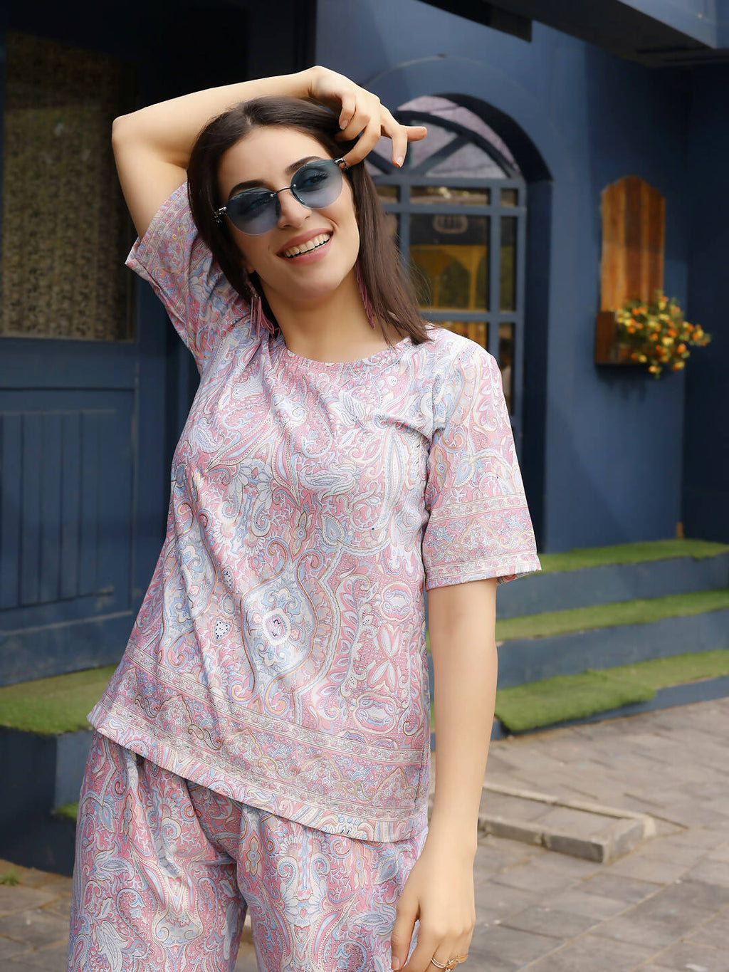 Pink Rayon Paisley Printed Top with Matching Bottom - Eesha | Grocsy
