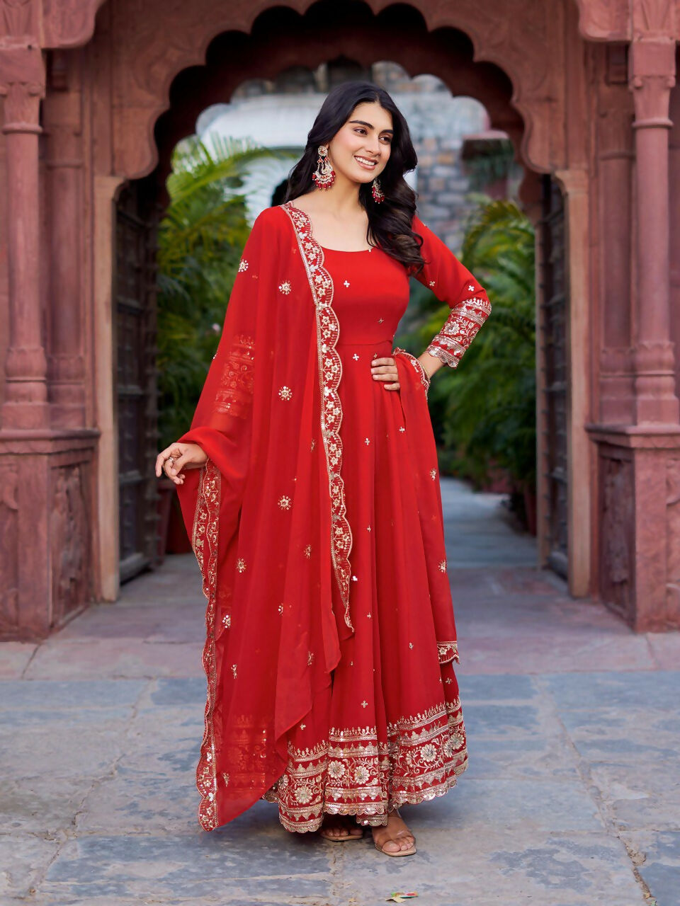 The52 Women's Beautiful Faux Georgette Fabric Embroidery Work Flared Anarkali Pant and Dupatta Set | Grocsy