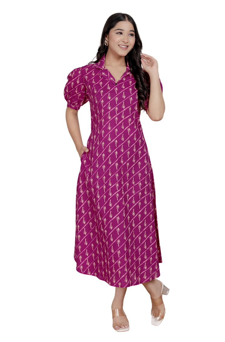 Miravan Womens Magenta Floral Printed Cotton Dress With One Side Pocket | Grocsy