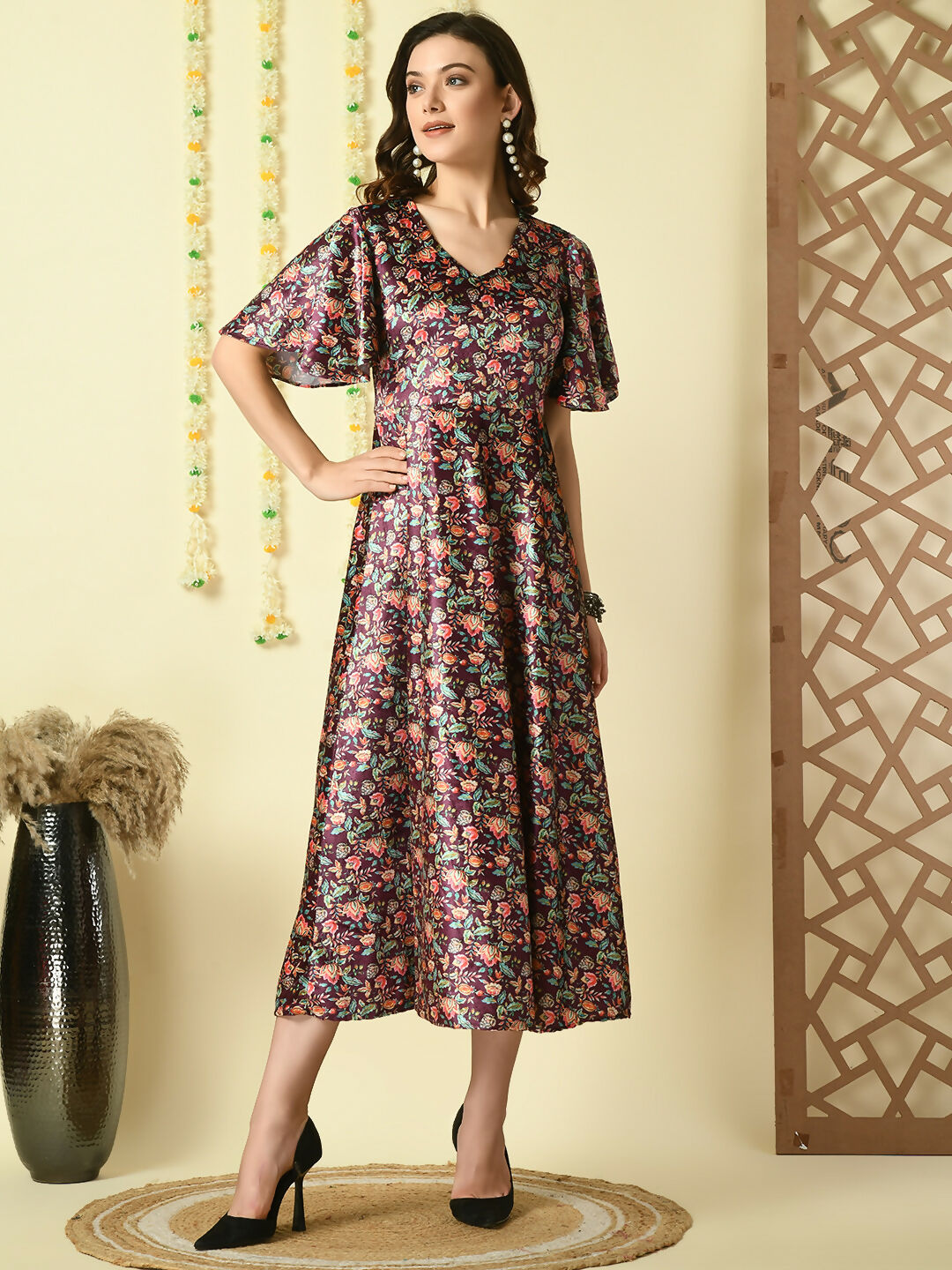 Myshka Women's Multi Printed Velvet Party Dress | Grocsy