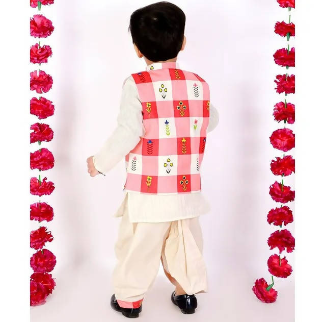 Little Bansi Boys Cream Color Floral Check Jacket with Kurta and Dhoti | Grocsy
