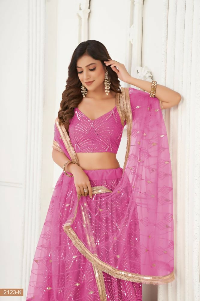 Aastha Fashion Pink Butterfly Net Tone To Tone Thread Work, Sequence Work And Original Mirror Work Embroidery Wedding Wear Lehenga Choli | Grocsy
