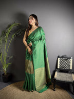 Joban Fashion Emerald Green Banarasi Soft Lichi Silk Checks & Woven Saree | Grocsy