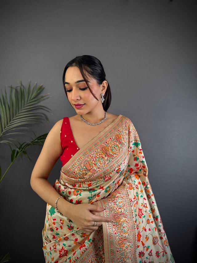 Elora Cream Pashmina Silk Meenakari Weaving Madhubani Design Kashmiri Saree | Grocsy