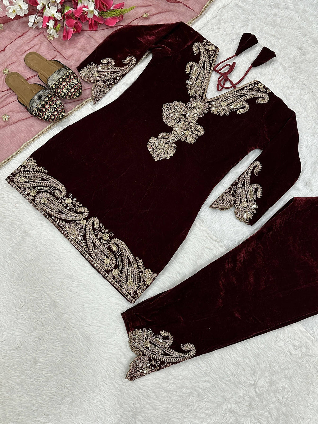 Vastranavya Wine Viscose Velvet Cording Sequence Embroidery Work Suit-Bottom With Dupatta | Grocsy