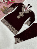 Vastranavya Wine Viscose Velvet Cording Sequence Embroidery Work Suit-Bottom With Dupatta | Grocsy