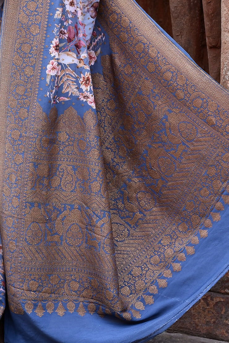 Joban Fashion Dusty Blue Crepe Chiffon Pure Handloom Banarasi Silk Saree | Grocsy