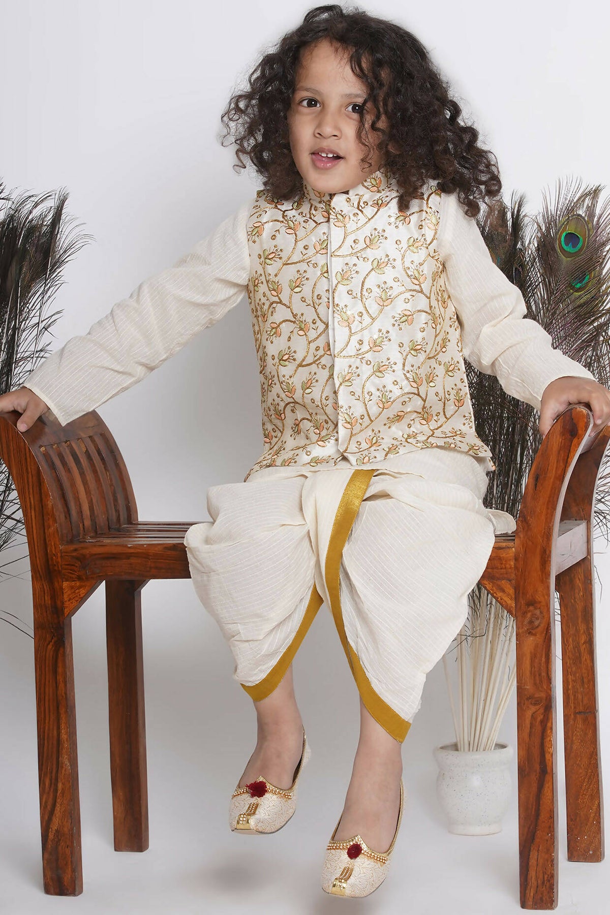 Little Bansi Banarsi Silk Floral Embroidery Jacket With Cotton Kantha kurta And Kantha Dhoti - Cream | Grocsy