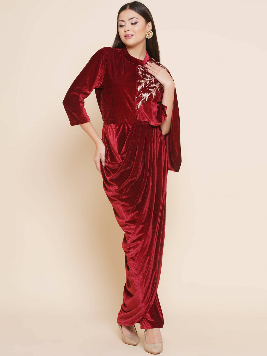 Women Republic Maroon Velvet Drape Styel Gown | Grocsy