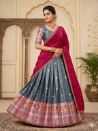 Teeya Creation Graceful Grey Ethnic Set Paired with Magenta Pink Scalloped Border Dupatta | Grocsy
