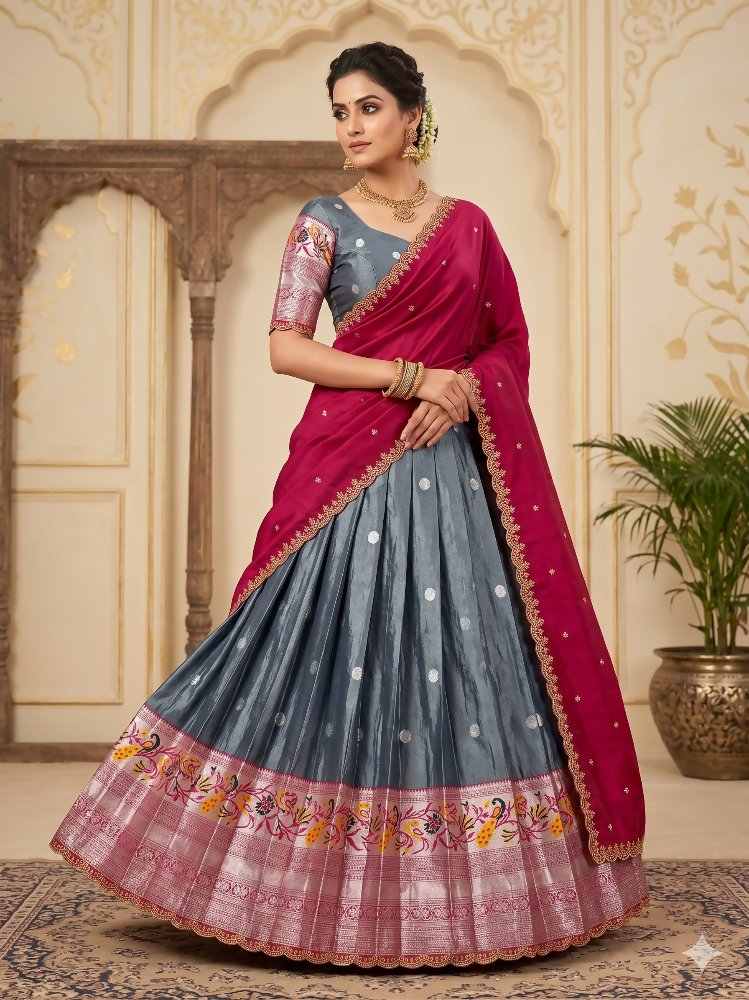 Teeya Creation Graceful Grey Ethnic Set Paired with Magenta Pink Scalloped Border Dupatta | Grocsy