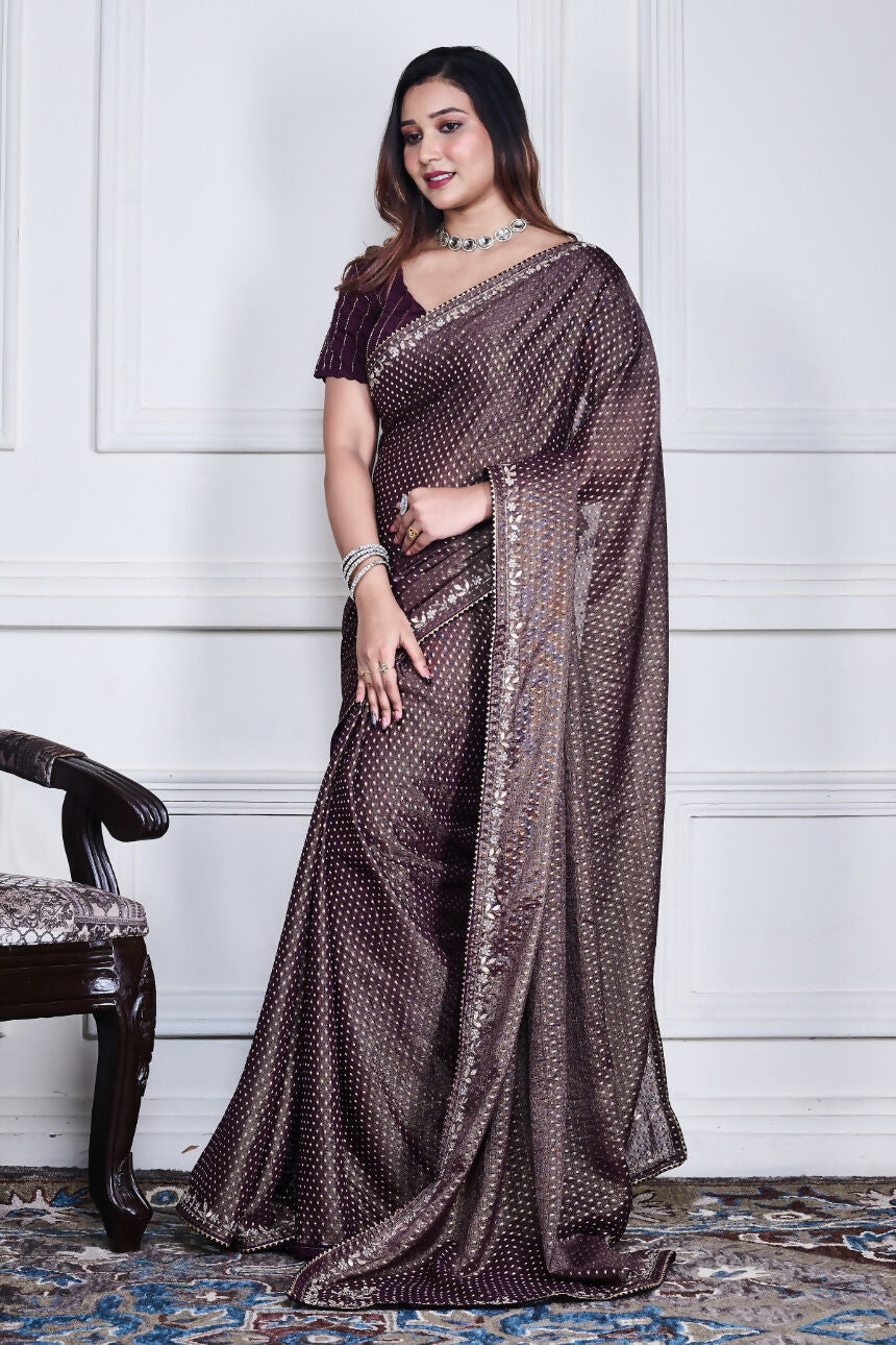 Morchari Purple Pure Chiffon Hand Embroidery Saree And Stitched Blouse | Grocsy