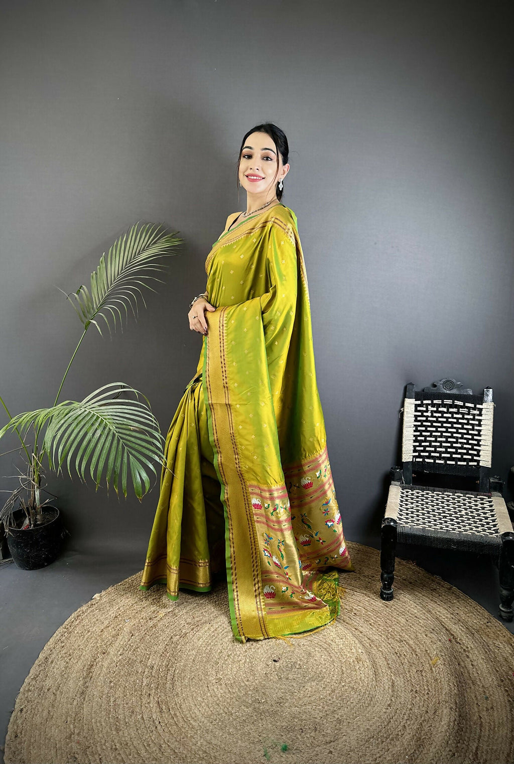 Joban Fashion Lime Green Butti Woven Soft Lichi Silk Paithani Saree | Grocsy