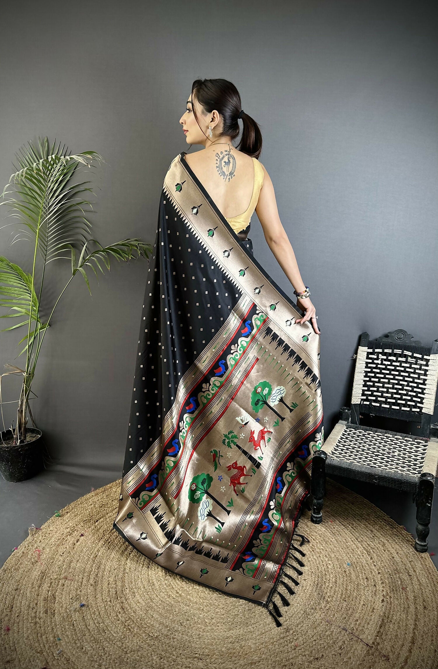 Joban Fashion Black Peacock & Floral Motifs Soft Lichi Silk Kanchipuram Saree | Grocsy
