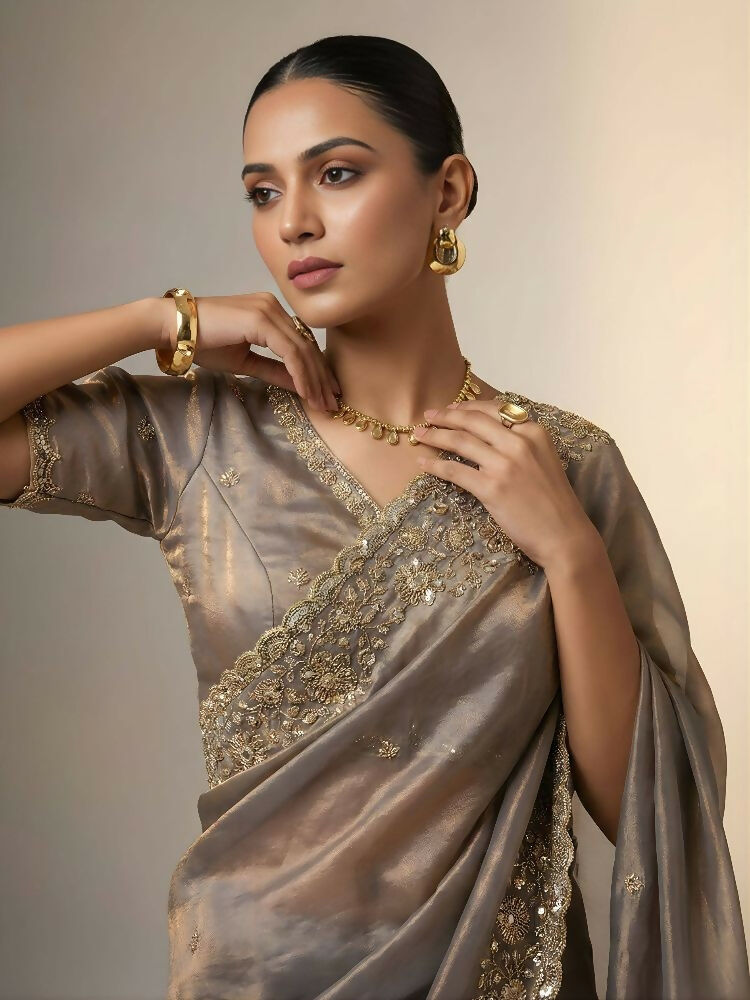 Joban Fashion Beige Fandy Satin Silk Party Wear Sarees | Grocsy