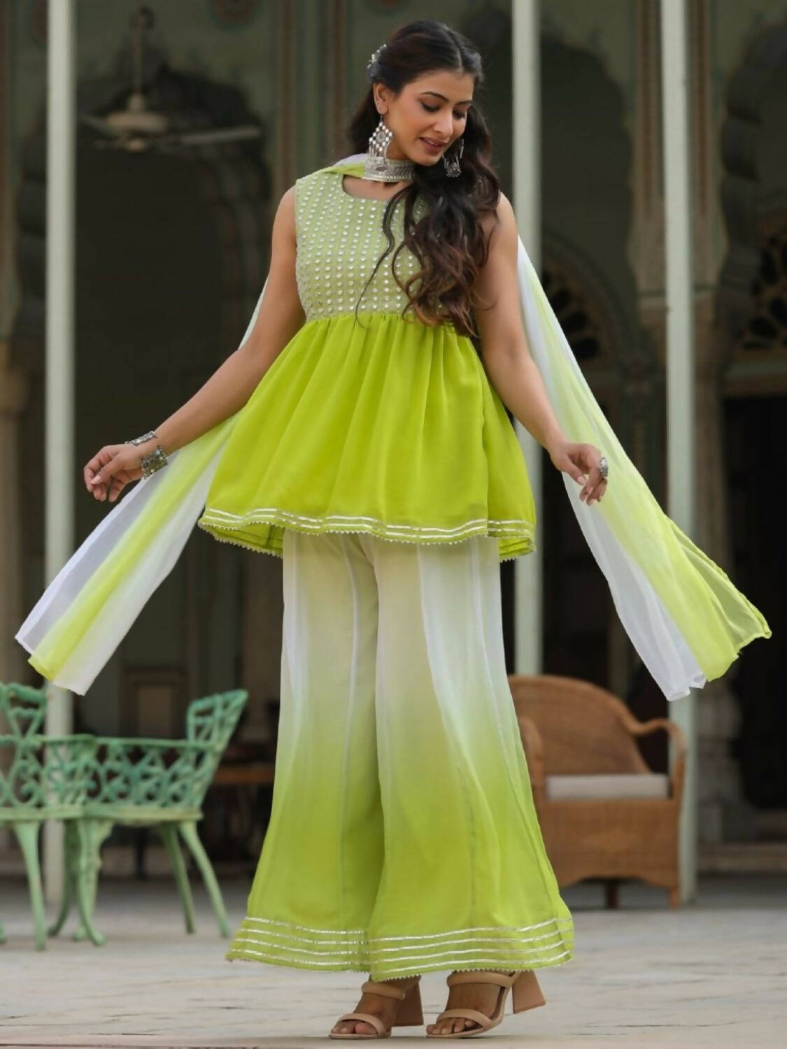 Juniper Women Green Georgette Embroidered Kurta, Palazzo and Dupatta Set | Grocsy