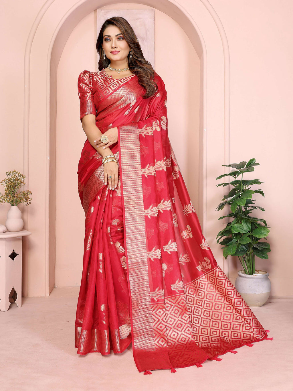Aastha Fashion Red Soft Organza Silk Weaving Saree | Grocsy