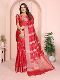 Aastha Fashion Red Soft Organza Silk Weaving Saree | Grocsy