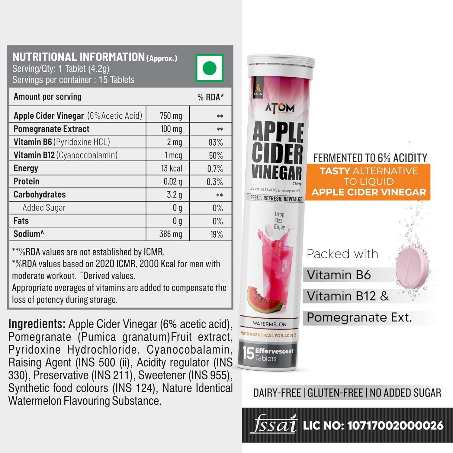 As-It-Is Atom Apple Cider Vinegar Effervescent Tablets Water Melon Flavor For Weight Loss | Grocsy