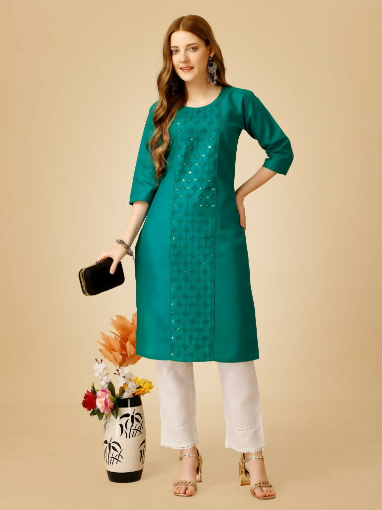Jyoti Fashion Women's Rama Cotton Blend Embroidered Kurta Pant Set | Grocsy