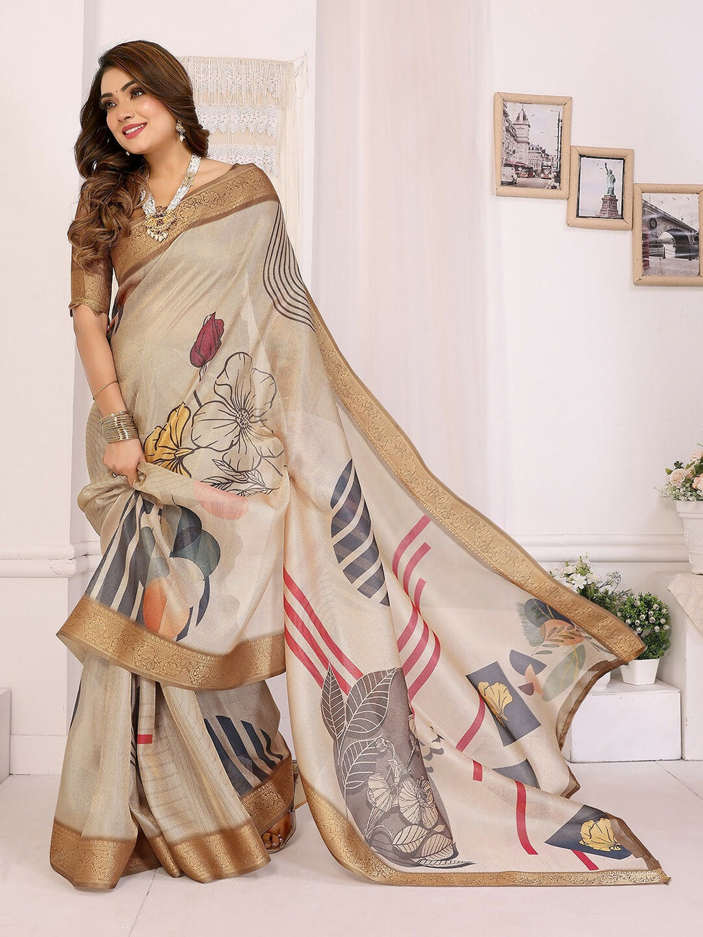 Joban Fashion Beige Art Print pattern Banarasi Silk Sarees | Grocsy