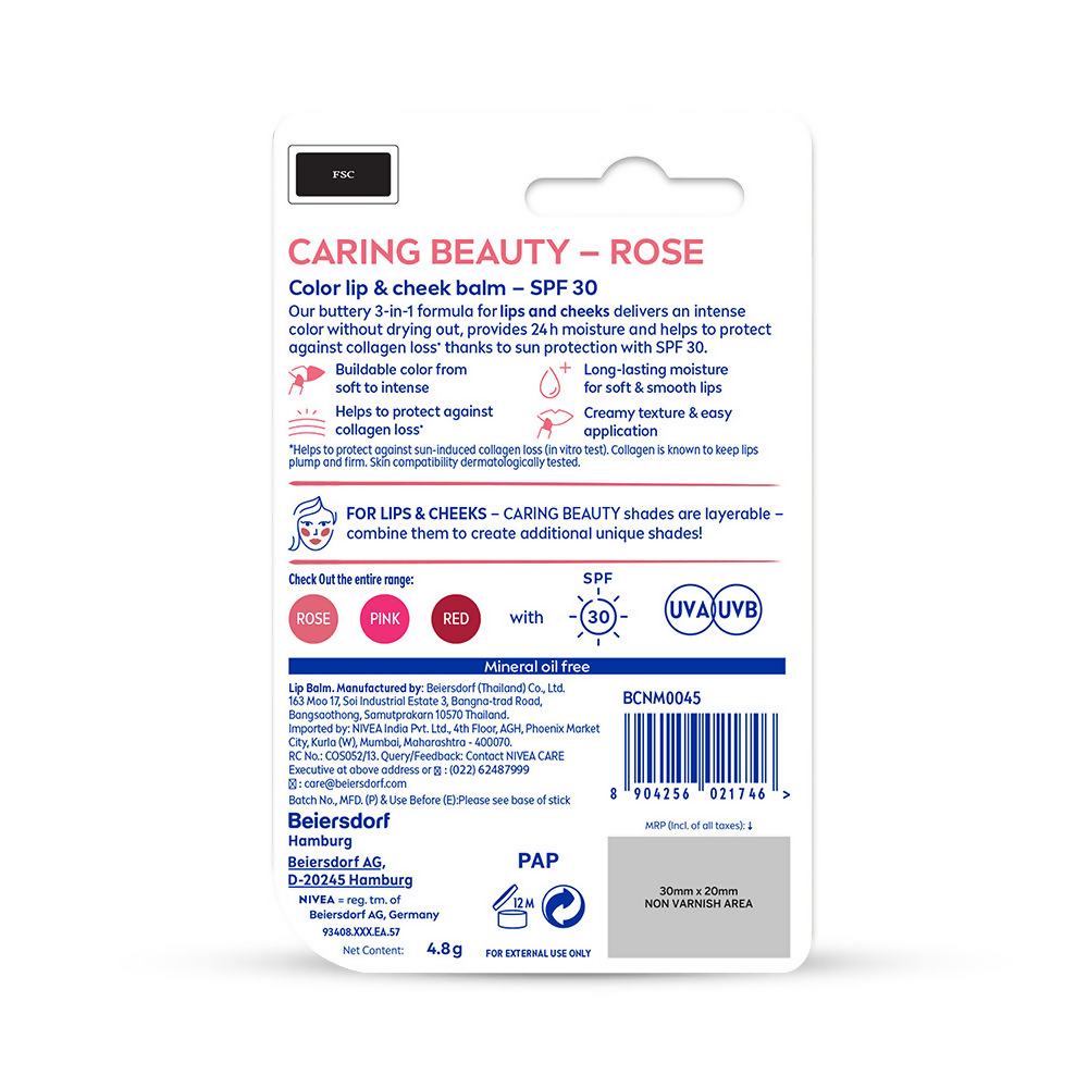 Nivea Lip Caring Beauty Red Lip Balm With SPF 30 - Rose | Grocsy