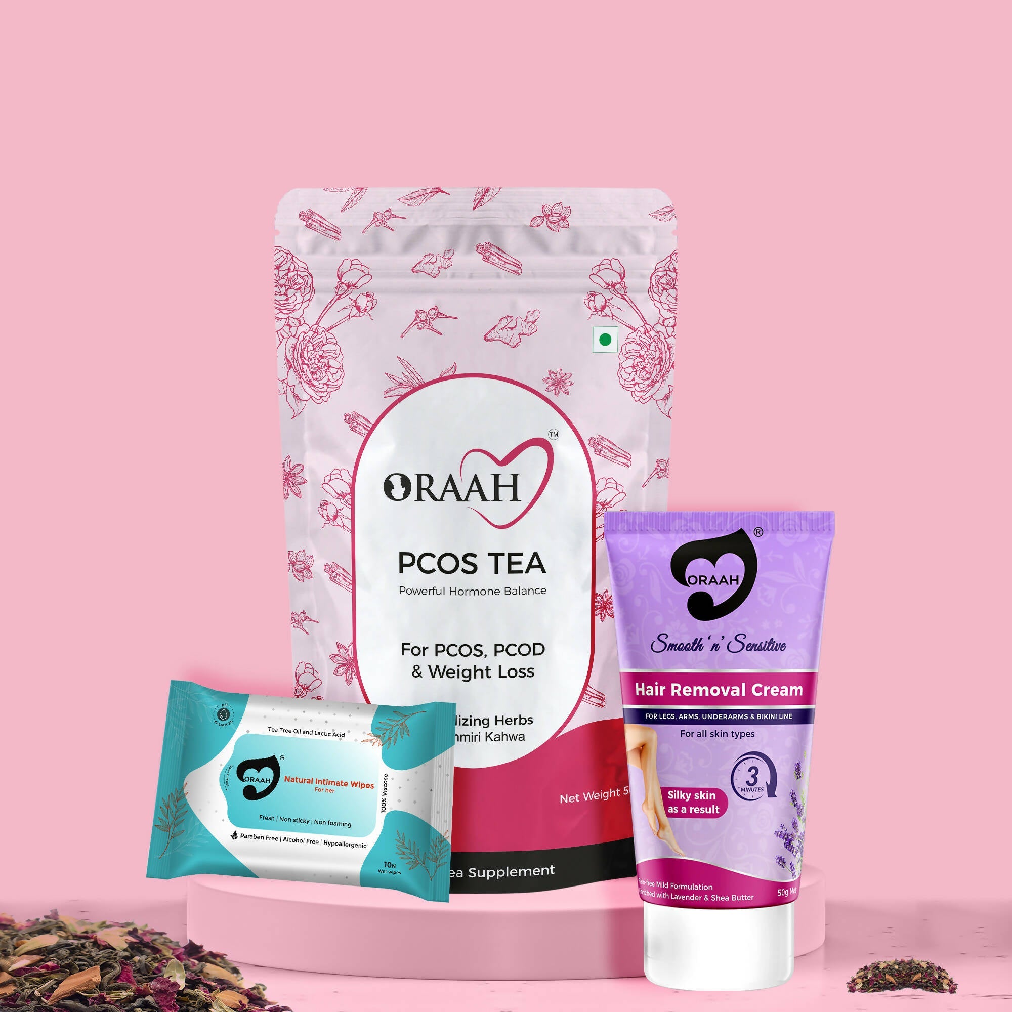 Oraah PCOS PCOD Care Combo (Kahwa Tea, Hair Removal Cream & Intimate Wipes) | Grocsy