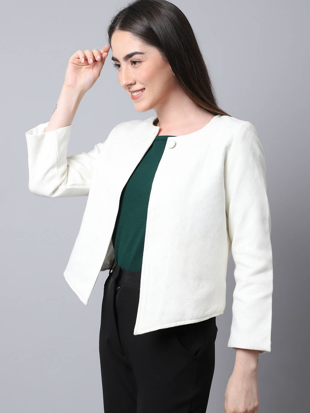 Even Apparels White 100% Viscose Open Front Statement Women's Jacket | Grocsy