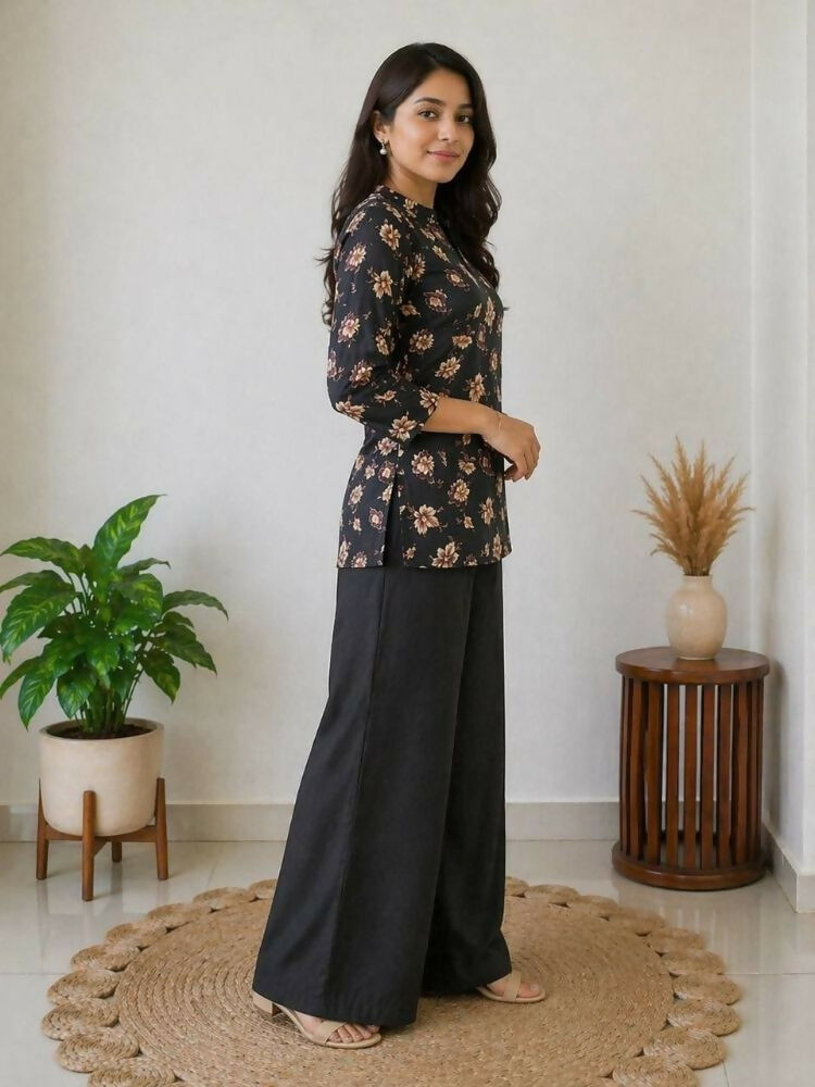 Teeya Creation Women Black & Beige Floral Printed Cotton Kurti with Black Wide-Leg Palazzo Set | Grocsy