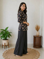 Teeya Creation Women Black & Beige Floral Printed Cotton Kurti with Black Wide-Leg Palazzo Set | Grocsy