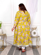 Miravan Women's Plus Size Cotton Gota Patti And Lace Border Details Floral Printed Yellow Anarkali Kurta | Grocsy